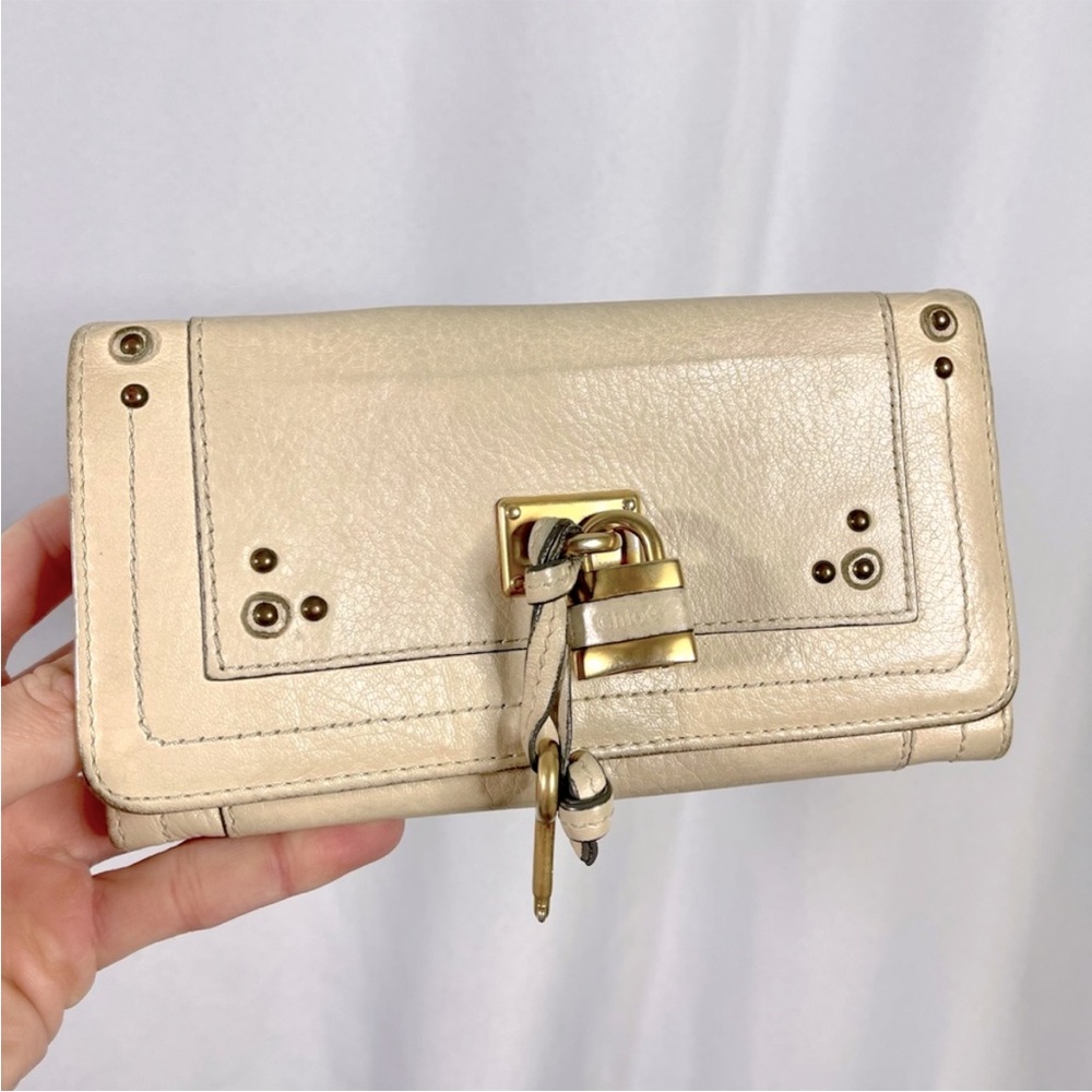 Chloe | long/large 'Paddington' cream leather lock + key flap wallet cardholder